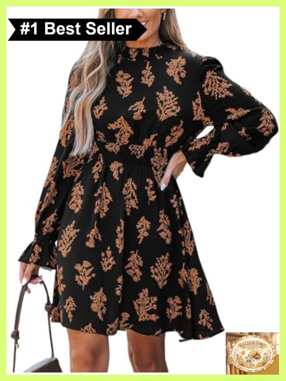 Mock Neck Floral Mini Dress Long Ruffle Sleeve Smocked Waist A-Line